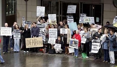 Protest ... Herald journalists outside Fairfax headquarters during today's industrial action.