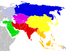 UN geoscheme subregions of Asia:      Central Asia      Western Asia      Southern Asia      Eastern Asia      Southeastern Asia      Asian part of Russia in the Eastern Europe UN geoscheme subregion