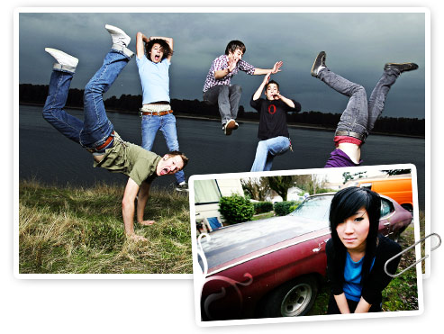 photos. guys jumping. girl and car