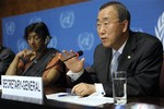 Ban Ki-moon, right, Secretary-General of the United Nations, and UN High Commissioner for Human Rights Navanethem "Navi" Pillay, left, speaks during a press conference after the opening of the Durban Review Conference