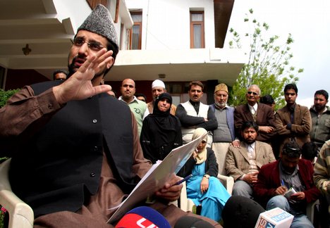 Chairman of moderate faction of separatist amalgamation Hurriyat confrence Mirwaiz Umar Farooq addressing a press conference at his residence in Indain Kashmir. on 23, April, 2009, He reiterated his factions stand of calling elections in Kashmir as irrelevant and non issue and wanted people to stay away from this