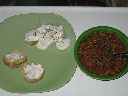 Radishes, biscuits, and lentils