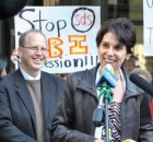 Joe Iosbaker and Stephanie Weiner speaking at press conference in Chicago
