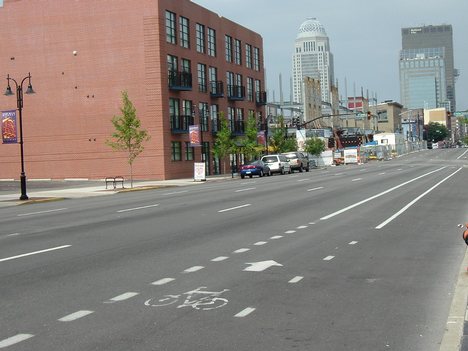 A new bike lane in Downtown Louisville, Kentucky Particular concern attaches to the use of cycle lanes in urban situations such as large roundabouts. For adults, the standard safe cycling advice for handling roundabouts is to try to maintain a prominent position while circulating.