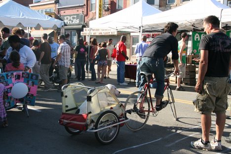 English: A man cycling with a dog in a cycle trailer in Washington DC, USA.