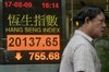 A man walks past an electronic display showing the Hang Seng Index in Hong Kong Monday, Aug. 17, 2009