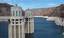 Two intake towers on the Arizona side. Water flowing from Lake Mead through the gradually-narrowing penstocks to the powerhouse reaches a speed of about 85 mph (137 km/h) by the time it reaches the turbines.