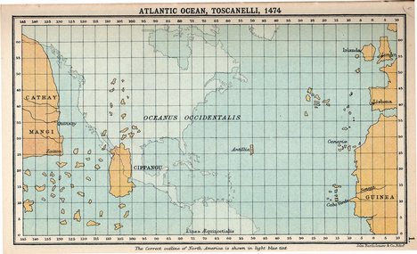 Toscanelli's notions of the geography of the Atlantic Ocean, which directly influenced Columbus plans