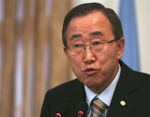 U.N. Secretary-General Ban Ki-moon speaks during a joint press conference with Afghan President Hamid Karzai at presidential palace in Kabul, Afghanistan, Wednesday, Feb. 4, 2009.