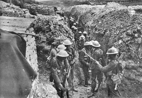 Soldiers of the 1st Battalion, Lancashire Fusiliers, in a communication trench near Beaumont Hamel, possibly on 1 July 1916, the first day of the Battle of the Somme.