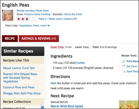 English Peas Recipe of the Day: Goes great with a side of Rachael Ray’s Late-Night Bacon. As always, garnish with a perusal of the comment section:

This was outstanding! I did make a couple modifications. I eliminated the butter, and in place of the peas I substituted one can of Chef Boyardee spaghetti and meatballs.

[fnh / ontd.]