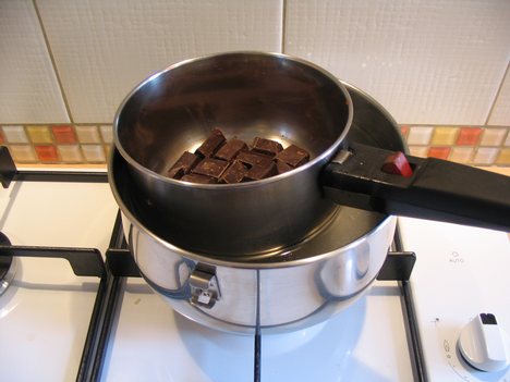 An improvised bain-marie being used to melt chocolate