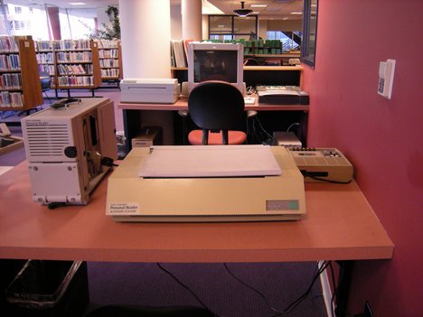 Xerox/Kurzweil Personal Reader, Washington Talking Book & Braille Library, Seattle, Washington, USA. The device is capable of scanning books and reading out their contents to blind or vision-impaired patrons.