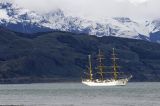 German navy training sailing ship "Gorch Fock" is seen offshore in the inlet near the port of Ushuaia in Argentina