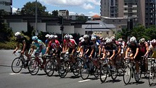 Lance Armstrong (4th from left) and Robbie McEwen (3rd from left) lead the charity ride