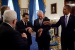 From left, National Security Advisor Gen. James Jones, Tony Blair, the international Middle East envoy, Prime Minister Benjamin Netanyahu of Israel, Secretary of State Hillary Rodham Clinton, and President Mahmoud Abbas of the Palestinian Authority, talk in the Blue Room of the White House, Sept. 1, 2010. (Official White House Photo by Pete Souza)  This official White House photograph is being made available only for publication by news organizations and/or for personal use printing by the subject(s) of the photograph. The photograph may not be manipulated in any way and may not be used in commercial or political materials, advertisements, emails, products, promotions that in any way suggests approval or endorsement of the President, the First Family, or the White House.