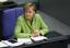 German Chancellor Angela Merkel reacts during the final parliament debate of an euro 750 billion (US $1 trillion) eurozone rescue package in Berlin, Friday, May 21, 2010.