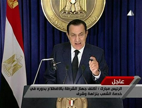 In this image from Egyptian state television aired Tuesday evening Feb 1 2011, Egyptian President Hosni Mubarak makes what has been billed as an important speech. Mubarak  has faced a week of public and international pressure to step down from the role he has held for 30 years, culminating in a day when a quarter-million people turned in the largest protest yet to demand his ouster.