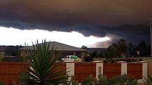 Thick smoke from the Tostaree bushfires covers the sky above Orbost