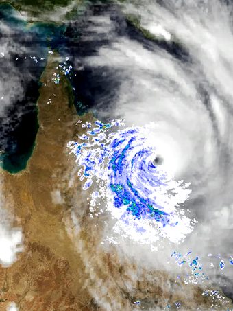 Satellite image of Cyclone Yasi on the Queensland coast