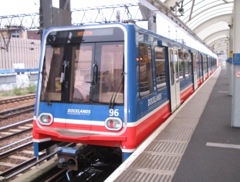 An automated Docklands Light Railway train at Tower Gateway, one of two City terminals.