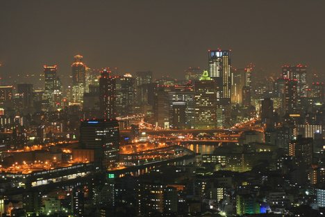 Osaka at night, the Osaka Municipal Subway system is a part of Osaka's extensive rapid transit system.