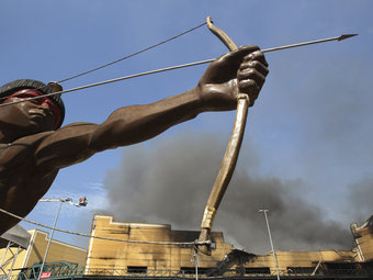 Part of a float rescued from a fire raging through Rio de Janeiro