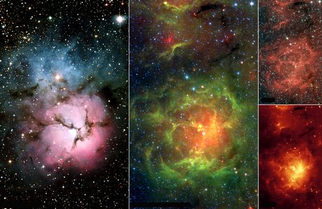 2005/01/12 New Views of a Familiar Beauty - Figure 1 Figure 2 Figure 3 Figure 4 Figure 5 This image composite compares the well-known visible-light picture of the glowing Trifid Nebula (left panel) with infrared vie