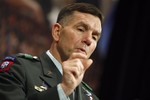 U.S. Army Lieutenant General William Caldwell speaks during a press briefing at NATO headquarters in Brussels, Wednesday March 3, 2010. Caldwell currently serves as the Commander of the NATO Training Mission in Afghanistan.