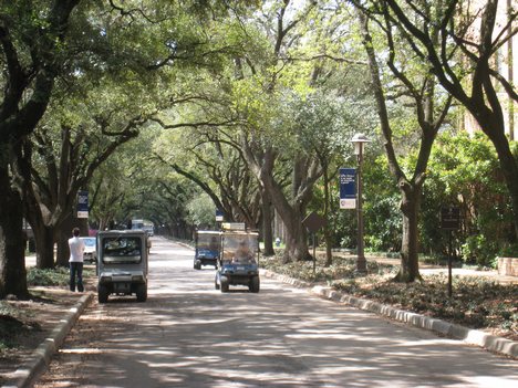 A view along the inner loop, with three of Rice's many golf carts in view