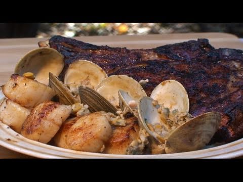 Rib Steak and Scallops with Clam Sauce by the BBQ Pit Boys