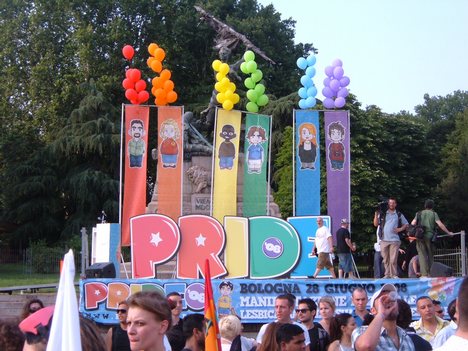 LGBT publications, pride parades, and related events, such as this stage at Bologna Pride 2008 in Italy, increasingly drop the LGBT initialism instead of regularly adding new letters, and dealing with issues of placement of those letters within the new title.