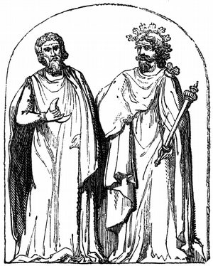 Two figures often described as druids, from an 1845 publication, based on a bas-relief found at Autun, France.