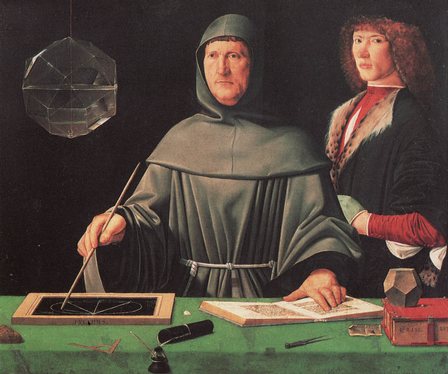 Pacioli's portrait, a painting by Jacopo de' Barbari, 1495, (Museo di Capodimonte).The open book to which he is pointing may be his Summa de Arithmetica, Geometria, Proportioni et Proportionalità.[34]