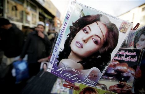 A dvd of Bollywood actoress Katrina Kaif is sold at a roadside shop, selling dvd's of Bollywood films, in Kabul, Afghanistan, Wednesday, Nov. 25, 2009