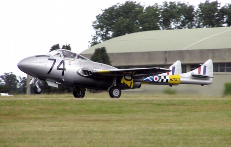 WZ507, a Vampire T 11 trainer variant, operated by the Vampire Preservation Group at North Weald, Essex, UK.