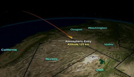 2005/12/22 Entry, Descent, Landing Animation (Animation) - Click on the image for Entry, Descent, Landing animation This animation illustrates the path the Stardust return capsule will follow once it enters Earth´s atmosphere. (NASA01)