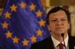 Jose Manuel Barroso, European Commission President, attends a news conference after meeting with Peru's President Alan Garcia, unseen, at the presidential palace in Lima, Wednesday, May 14, 2008. Heads of state from Europe, Latin America and the Caribbean will meet in Peru Friday to discuss climate change, trade, poverty and the global food cri