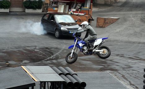 A motorcycle stunt from Lights, Motors, Action!