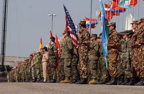 Combined Endeavor attendees participate in the Combined Endeavor 2004 closing ceremonies, May 19, 2004, at Lager Aulenbach Germany. Combined Endeavor 2004, May 6-19, is a U.S. European Command-sponsored exercise, designed to identify and document command,