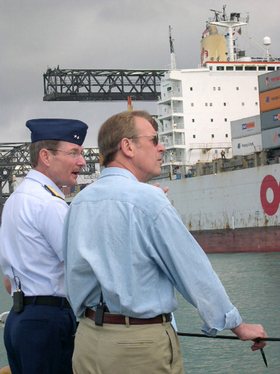 MIAMI, Fla.(May 5, 2004)--Rear Adm. Harvey E. Johnson, Jr., speaks to ABC's Peter Jennings during their tour of the port for ABC World News Nightly special on homeland security. USCG photo by PA3 Carleen Drummond (96044) ( NIGHTLY NEWS ANCHOR (FOR RELEASE) )