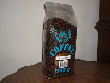 Small-sized bag of coffee beans.