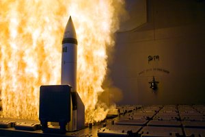 A modified Standard Missile 2 (SM-2) Block IV interceptor is launched Thursday, June 5, 2008 from the guided-missile cruiser USS Lake Erie (CG 70) during a Missile Defense Agency test.