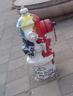 One of 39 downtown fire hydrants painted by students. This hydrant's artist was in elementary school; others were in high school or college.[78]