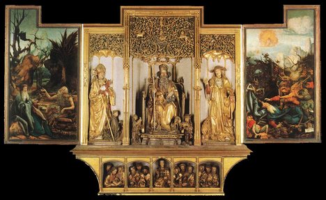 The Isenheim Altarpiece is an altarpiece painted by the German artist Matthias Grünewald between 1512 and 1516. It is on display at the Unterlinden Museum at Colmar, Alsace, now in France.