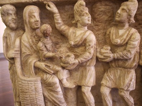 One of the earliest known depictions from a third century sarcophagus.Vatican Museums, Rome, Italy. John Chrysostom suggested that the gifts were fit to be given not just to a king but to God, and contrasted them with the Jews' traditional offerings of sheep and calves, and accordingly Chrysostom asserts that the Magi worshiped Jesus as God