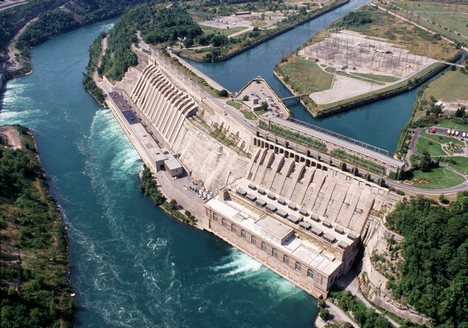 The Adam Beck stations as seen from the air; the northern dam (nearest) is Adam Beck I and the southern is Adam Beck II.