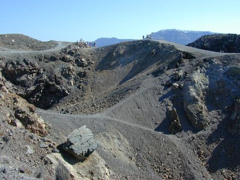 Nea Kameni, Volcanic craters at Santorini today. On April 6, 2007, the 469-foot cruise ship MS Sea Diamond struck a volcanic reef within the crater and sank the following day, resulting in the loss of two passengers