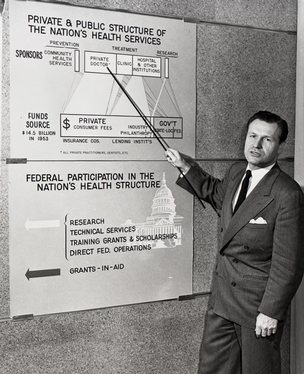 Nelson Rockefeller, Under Secretary of Health, Education and Welfare, makes a presentation on a proposed public/private health reinsurance program, 1954.