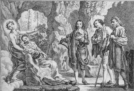 The death of Alexander Pope from Museus, a threnody by William Mason. Diana holds the dying Pope, and John Milton, Edmund Spenser, and Geoffrey Chaucer prepare to welcome him to heaven.